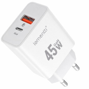 Lemontti 1x USB, 1x USB-C, Fast Charge 45W, GaN, Q.C. 3.0, White