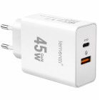 Incarcator retea Lemontti 1x USB, 1x USB-C, Fast Charge 45W, GaN, Q.C. 3.0, White