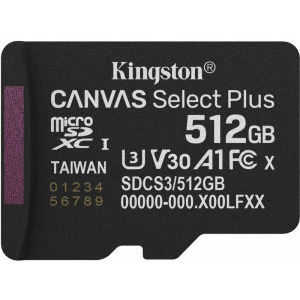 Kingston Micro SDXC Canvas Select Plus Gen3, 512GB, Clasa 10, UHS-I, V30, A1