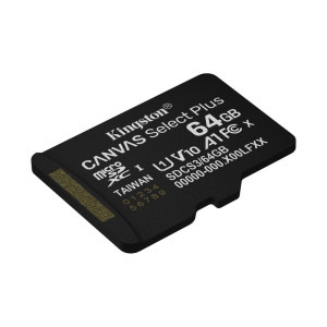 Kingston Micro SDXC Canvas Select Plus Gen3, 64GB, Clasa 10, UHS-I, V10, A1 + Adaptor SD