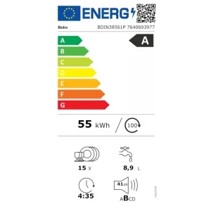 Beko BDIN38561P, 15 seturi, 8 programe, Clasa A, ProSmart Inverter, PowerIntense, SelfDry, AquaFlex, 60 cm