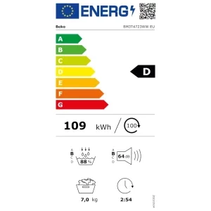 Beko BM3T4723WW EU, Pompa de caldura, 7 kg, Clasa D, EcoGentle, Hygienic Drying, AquaWave, Iluminare interioara, Alb