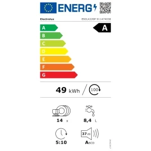 Electrolux E92LX220P, 14 seturi, 8 programe, Clasa A, Inverter, AirDry, FlexiMax Pro, Push2Open, 60 cm