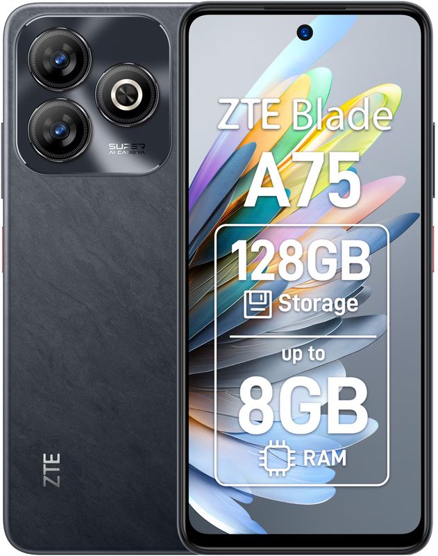 Smartphone ZTE Blade A75, 128GB, 8GB RAM (4GB + 4GB exentesibili), Dual SIM, 4G, Baterie 5000 mAh, 50MP AI Camera, Basalt Black