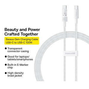 Baseus Gem, USB-C Male la USB-C Male, 1 m, 100W, White