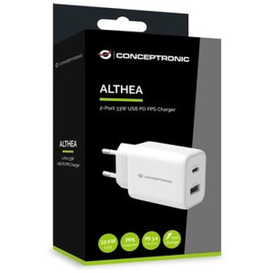 Conceptronic 1x USB-C, 1x USB, PD 33W, QC 3.0, White