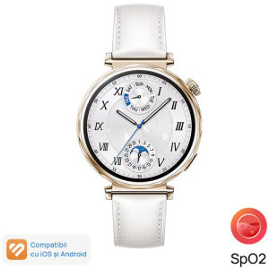 Huawei Watch GT 5, 41mm Pale Gold Stainless Steel, curea White Composite Leather
