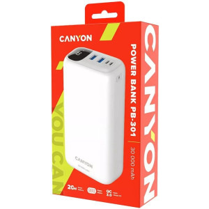 Canyon PB-301, 30000 mAh, 2x USB, 1x USB-C, cu tehnologia PD 20W/QC 3.0, White