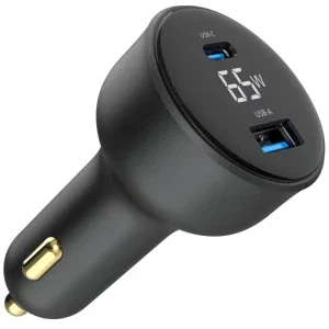 Gembird TA-UC-AC2PD65LCD-CAR-01, 1x USB-C, 1x USB, 65 W, Black