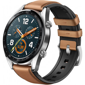 Huawei WATCH GT, Bluetooth, GPS, corp argintiu, curea piele maro, rezistent la apa, senzor HR