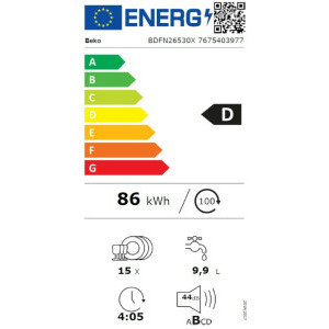 Beko BDFN26530X, 15 seturi, 6 programe, Clasa D, HygieneIntense, SteamGloss, Time Delay, Half Load, AutoDoor Opening, 60 cm, Pearl Inox