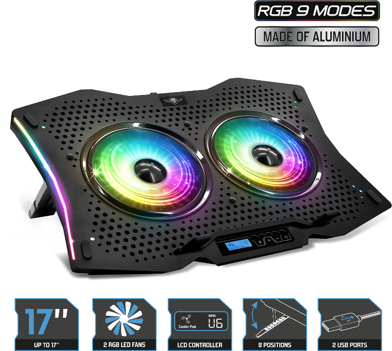 Stand/Cooler notebook Spirit of Gamer AIRBLADE 1000 RGB, pana la 17 inch, 2 ventilatoare 115 mm, 8 pozitii, 6 viteze, sasiu aluminiu, LCD controller