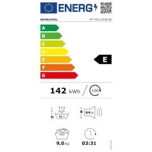 Whirlpool FFTM229X2BEE, Pompa de caldura, 9 kg, Clasa E, Inverter, FreshCare+, 6th Sense, Alb