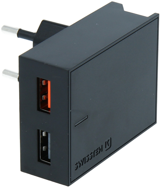 Incarcator retea GSM Swissten Slim, 2x USB, 23W, Black cu tehnologia Quick Charge 3.0