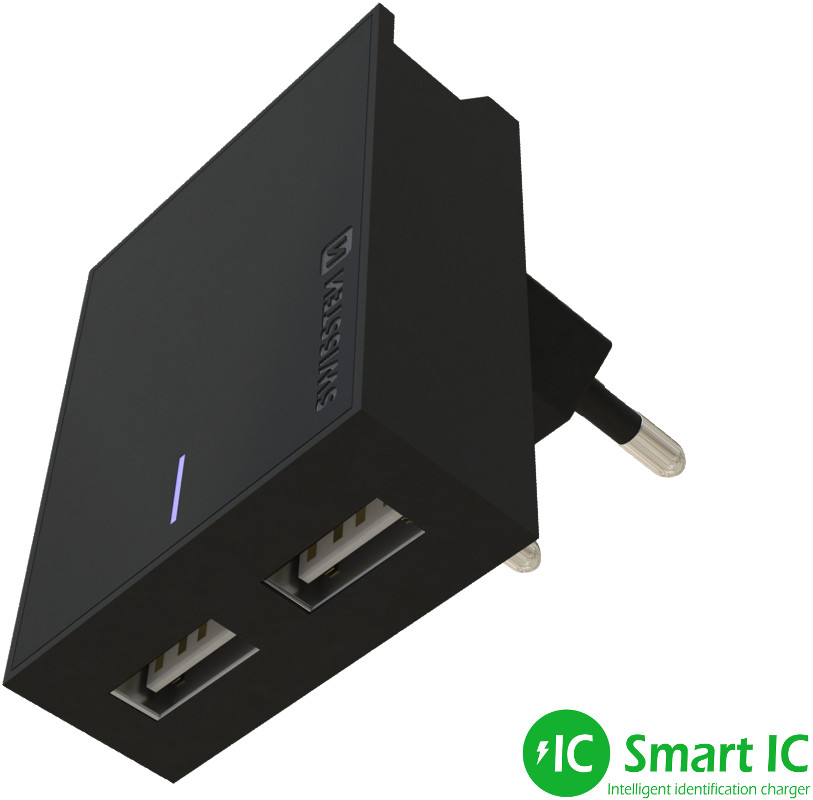 Incarcator retea GSM Swissten Slim, 2x USB, 3A, Black cu tehnologia Smart IC + cablu Lightning