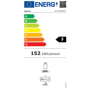 Heinner HF-V401NFSF+, 389 L, Clasa F, Full No Frost, Iluminare LED, 186 cm, Argintiu