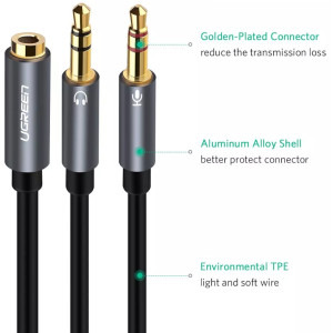 Ugreen AV140, 2x Jack 3.5 mm Male - Jack 3.5 mm Female, 0.2m, negru-gri