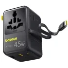 Baseus PicoGo AG11, 2x USB-C, 2x USB, 2x Schuko, Quick Charge 45 W, Cablu USB-C retractabil, Black