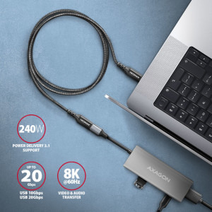 AXAGON USB-C 3.2 Gen 2 Male la USB-C 3.2 Gen 2 Female, 0.5 m, PD 240W, 5A, Negru