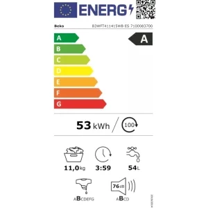 Beko B3WFT411415WB ES, 11 kg, 1400 RPM, Clasa A, ProSmart Inverter, EnergySpin, SteamCure, AquaWave, Alb