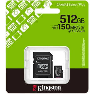 Kingston Micro SDXC Canvas Select Plus, 512GB, Clasa 10, UHS-I U3, V30, A1 + Adaptor SD