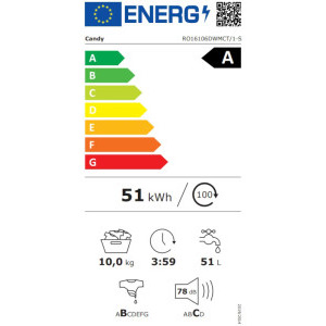 Candy RO16106DWMCT/1-S, 10 kg, 1600 RPM, Clasa A, Inverter, Quick & Clean, Steam, Alb