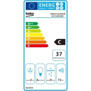 Beko traditionala HNS61222NAW, Capacitate de absorbtie 201 m3/h, 3 trepte de putere, 60 cm, Clasa C, Alb