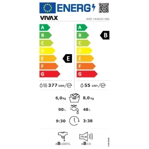 VIVAX WDF-1408D616BS, Spalare 8 kg, Uscare 6 kg, 1400 RPM, Clasa E, Alb