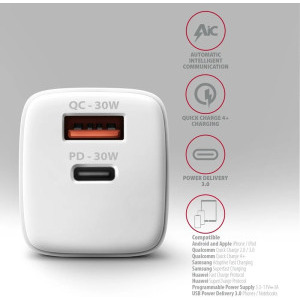 AXAGON ACU-PQ30W, 1x USB-C, 1x USB, Quick Charge 30 W, White