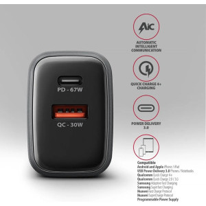 AXAGON ACU-PQ67, 1x USB-C, 1x USB, PD/QC 67W, GaN, Grey