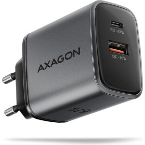 Incarcator retea AXAGON ACU-PQ67, 1x USB-C, 1x USB, PD/QC 67W, GaN, Grey