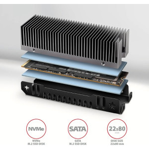 AXAGON Cooler Pasiv CLR-M2XT, Pentru M.2 SSD 80mm, Aluminiu, paduri termice incluse, inaltime 24mm
