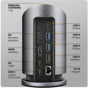 AXAGON HMC-WL9 Docking Station USB-C 10Gbps, 9-in-1, Wireless Charging 15W, 100W Power Delivery, 1x HDMI 4K, 1x DisplayPort 4K, Gigabit LAN