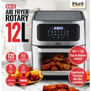 iHunt Friteuza cu aer cald Bro Rotary, 1800W, 12L, Negru/Argintiu