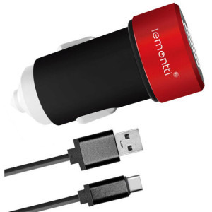 Lemontti 2x USB, 15W, Black/Red + cablu USB-C