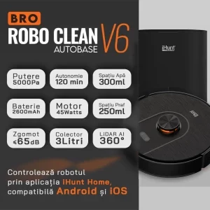 iHunt Bro Robo Clean V6 AutoBase, 2600 mAh, 5000Pa, 0.25 L + 3L, Negru