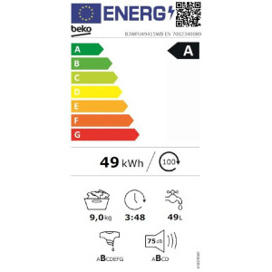 Beko B3WFU49415WBES, 9 kg, 1400 RPM, Clasa A, ProSmart Inverter, EnergySpin, SteamTherapy, SteamCure, Iron Fast, Alb