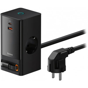 Incarcator retea Baseus GaN3 Pro Powerstrip, 1x USB-C, 1x USB, 2x Schuko, Quick Charge 65 W, Cablu USB-C integrat, Black