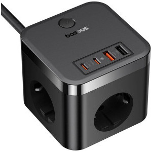 Baseus GaN Powerstrip, 2x USB-C, 2x USB, 3x Schuko, Quick Charge 30 W, Black