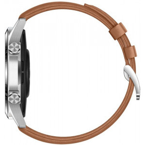 Huawei WATCH GT 2, 46 mm, Bluetooth, GPS, corp argintiu Stainless Steel, curea piele maro, rezistent la apa, senzor HR