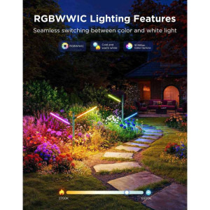 Govee Lampa LED de gradina RGB Smart H7086341, 24 W, 1100 lumeni, 2700K-6500K, IP66, Wi-Fi, Bluetooth
