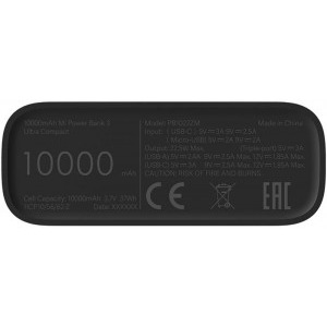 Xiaomi Mi Power Bank 3 Ultra Compact, 10000 mAh, 2x USB, 1x USB, 3A, Black