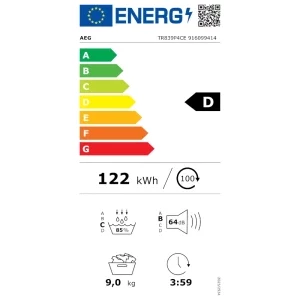 AEG TR839P4CE, Pompa de caldura, 9 kg, Clasa D, Inverter, AbsoluteCare, MixDry, PreciseDry, My AEG Care, Iluminare interioara, Alb