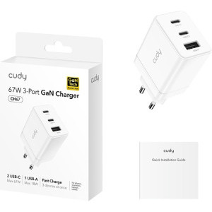CUDY CH67, 2x USB-C, 1x USB, Quick Charge 67 W, GaN, White