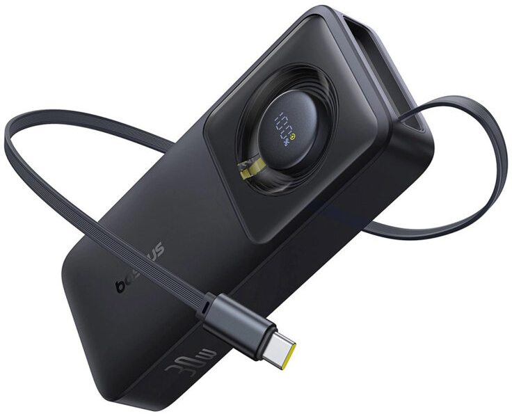 Baterie externa Baseus Free2Pull, 10000 mAh, 1x USB-C, 30 W, Display, Cablu USB-C integrat, Black