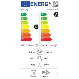 Samsung WD90HG5U34BELE, Spalare 9 kg, Uscare 6 kg, 1400 RPM, Clasa A, Digital Inverter, AI EcoBubble, AI Energy, Hygiene Steam, SmartThings, Alb