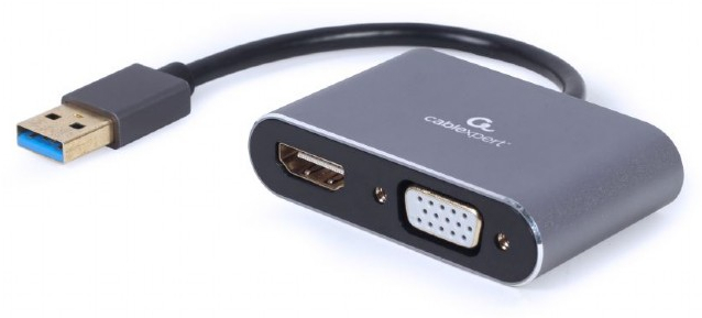 Adaptor Gembird 1x USB Male - 1x HDMI Female + 1x VGA Female, Gri