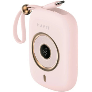 Baterie externa Havit PB5214, 10000 mAh, 1x USB-C, 35 W, Display, Cablu USB-C integrat, Pink