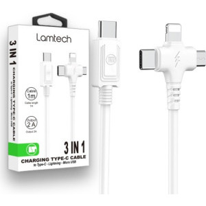 Cablu de date / adaptor Lamtech 3-in-1, USB Male la microUSB, USB-C, Lightning Male, 1 m, White