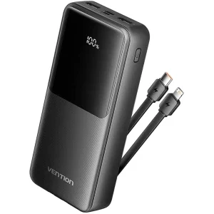Baterie externa Vention FHPB0, 20000 mAh, 2x USB, 1x USB-C, 22.5 W, Display, Cablu USB-C & Lightning integrat, Black